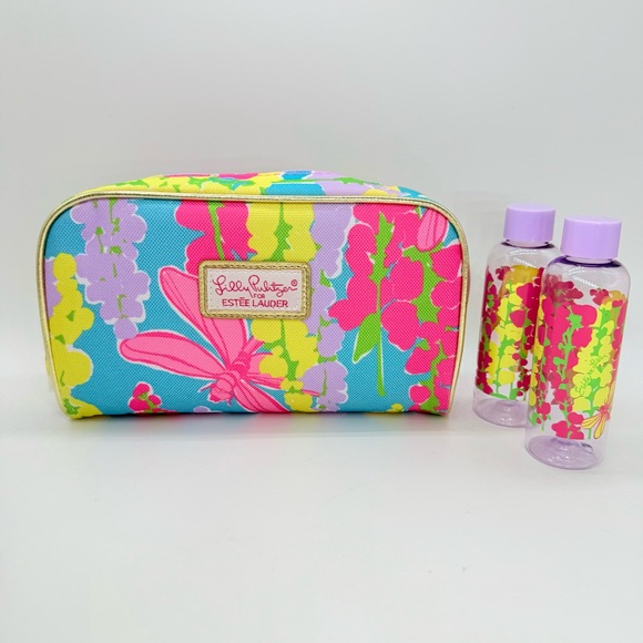 Lilly Pulitzer x Estee Lauder Blue Pink Cosmetic Makeup Bag 2 Travel Containers - Picture 1 of 15